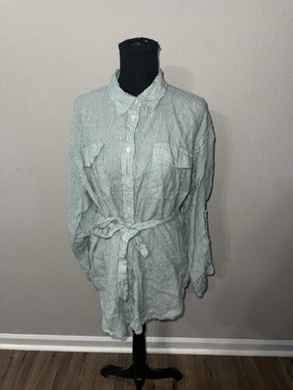 Lauren Ralph Lauren XL Green White Striped Linen Belted Tunic Shirt Dress